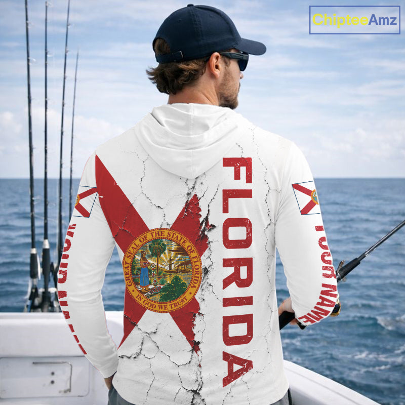 Florida Fishing Shirt Patriotic Florida Flag Long Sleeve Hooded UV Protection Fishing Jersey