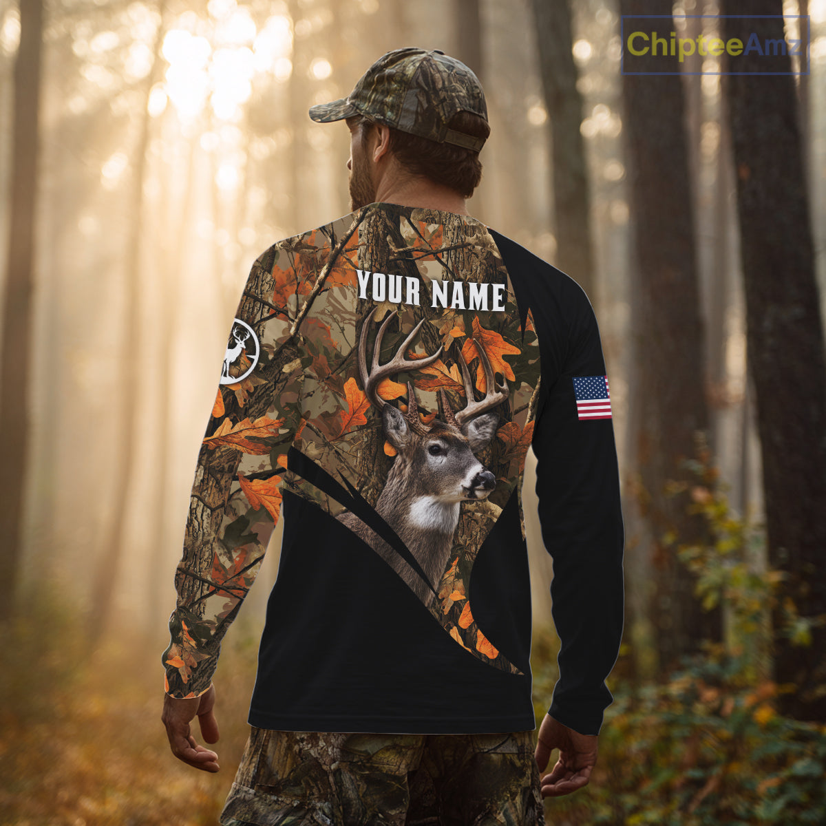 Deer Hunting Shirt 3D Autumn Camo Custom Name With Deer Skull Whitetail And US Flag NHT223