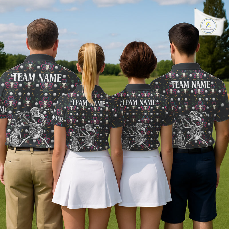 Dark Skull Golf Polo Shirt – Gothic Skeleton Flamingo Pattern Funny Golf Shirt For Men NHT781