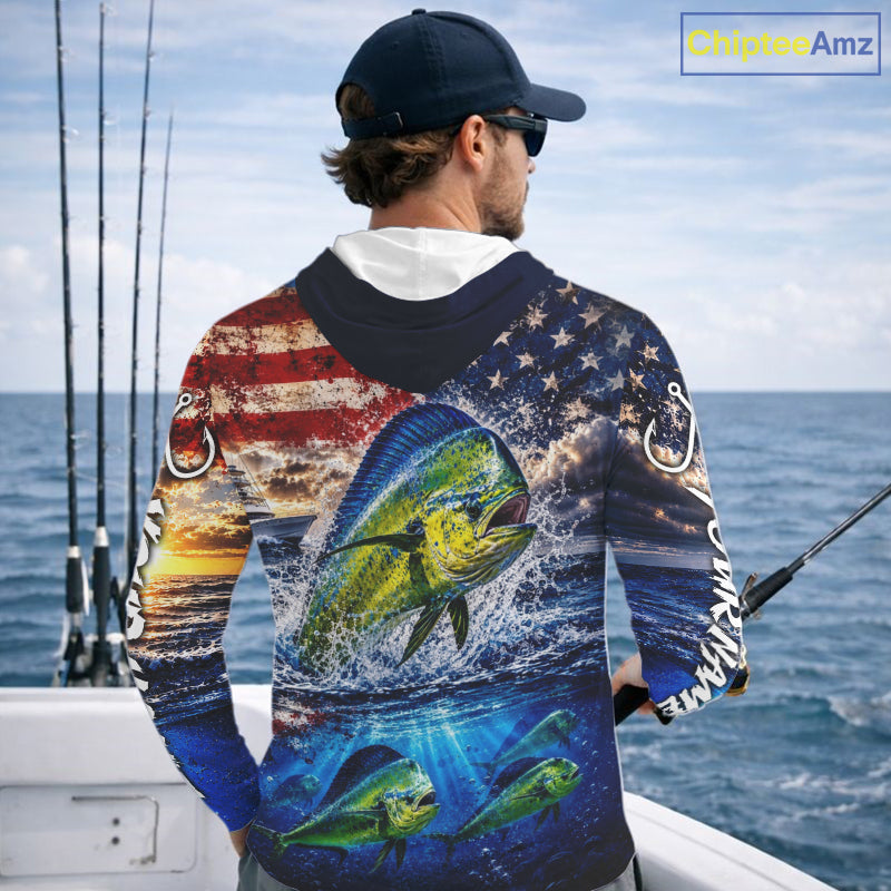 Personalized Dolphin Fish Patriotics Jersey Mahi Mahi Long Sleeve Hooded Fishing Shirt Apparel