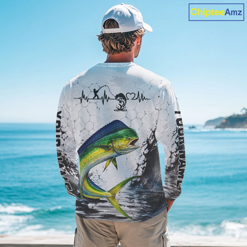 Custom Name Mahi Mahi Fishing Long Sleeve Performance Shirt, Dolphin Gift For Men NHT1121