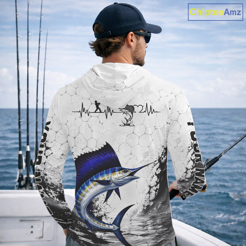 Custom Name Sailfish Fishing Long Sleeve Hooded Performance Shirt, Sailfish Gift For Men
