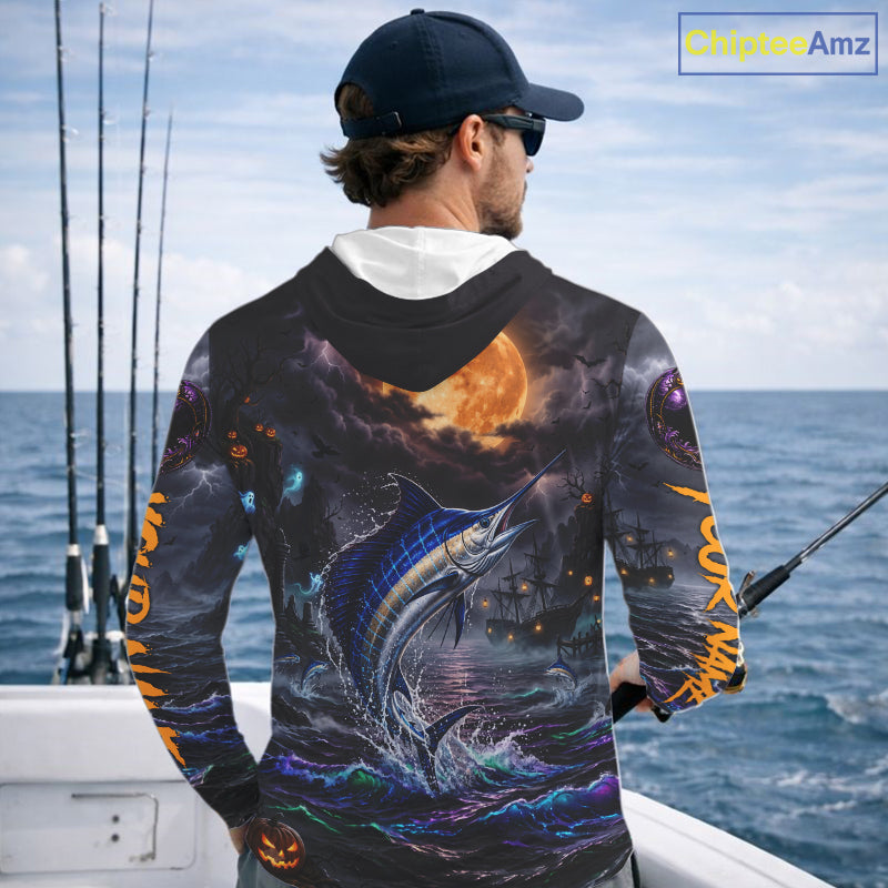 Halloween Marlin Hooded Fishing Shirt Custom Name Long Sleeve Personalized Angler Gift For Men NHT1282