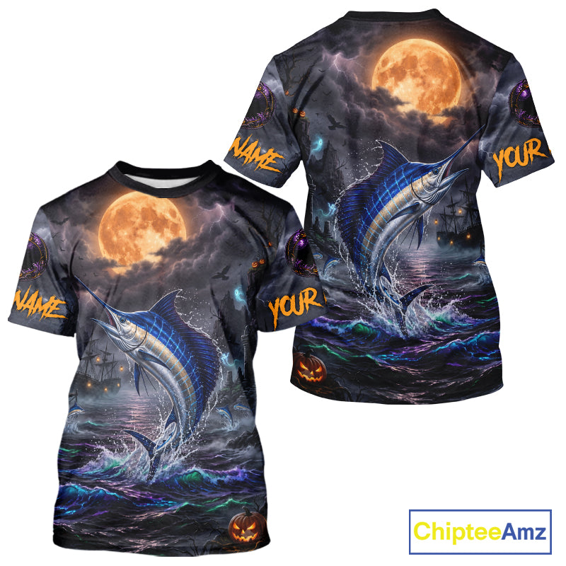 Front and back views of a custom all-over-print t-shirt featuring a dramatic Halloween design with a jumping blue marlin, a full moon, stormy clouds, and the text 'YOUR NAME' and 'YOUR CHOICE' on the sleeves.