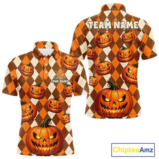 Front and back views of a short-sleeve polo shirt featuring an orange and cream harlequin pattern with jack-o'-lantern pumpkins. The front has a small customizable chest logo with crossed golf clubs and the text 'YOUR NAME'.