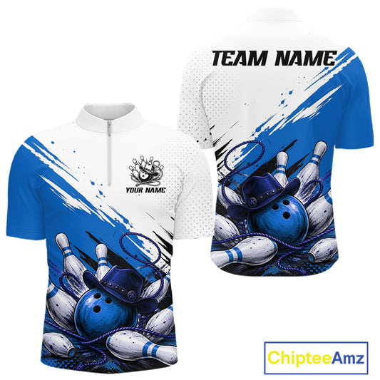 Custom short-sleeve athletic jersey shown from the front and back on a white background. The jersey features a blue and white bowling-themed graphic with bowling pins, balls, and rackets, customizable text on the chest and back, and a blue brand logo in the bottom right corner.
