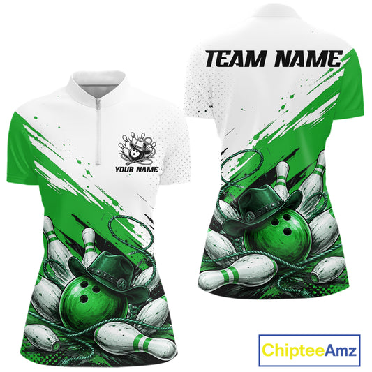 Front and back views of a short-sleeve polo shirt with a bowling-themed graphic print in green, white, and black. The front features a white upper section with a small black chest graphic and text placeholder, a green left sleeve, and a green-and-white lower section showing bowling balls, pins, and a hat.