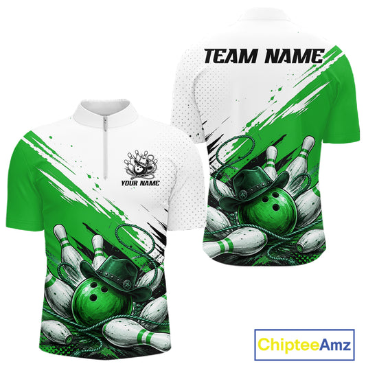 Front and back views of a short-sleeve custom cycling jersey featuring a green and white bowling theme with bowling balls, pins, and rackets. The front has a white upper section with a green brushstroke pattern and a small custom logo area.