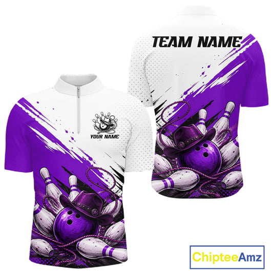 Front and back views of a short-sleeve zip-up bowling jersey on a white background. The jersey features a purple and white bowling-themed graphic with bowling pins, balls, and rackets, customizable text on the front, and 'TEAM NAME' on the back.