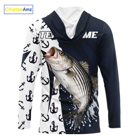 Personalized Striped Bass Hooded Fishing Shirts Long Sleeve With Pattern Anchor, Fishing Shirt Jersey NHT611