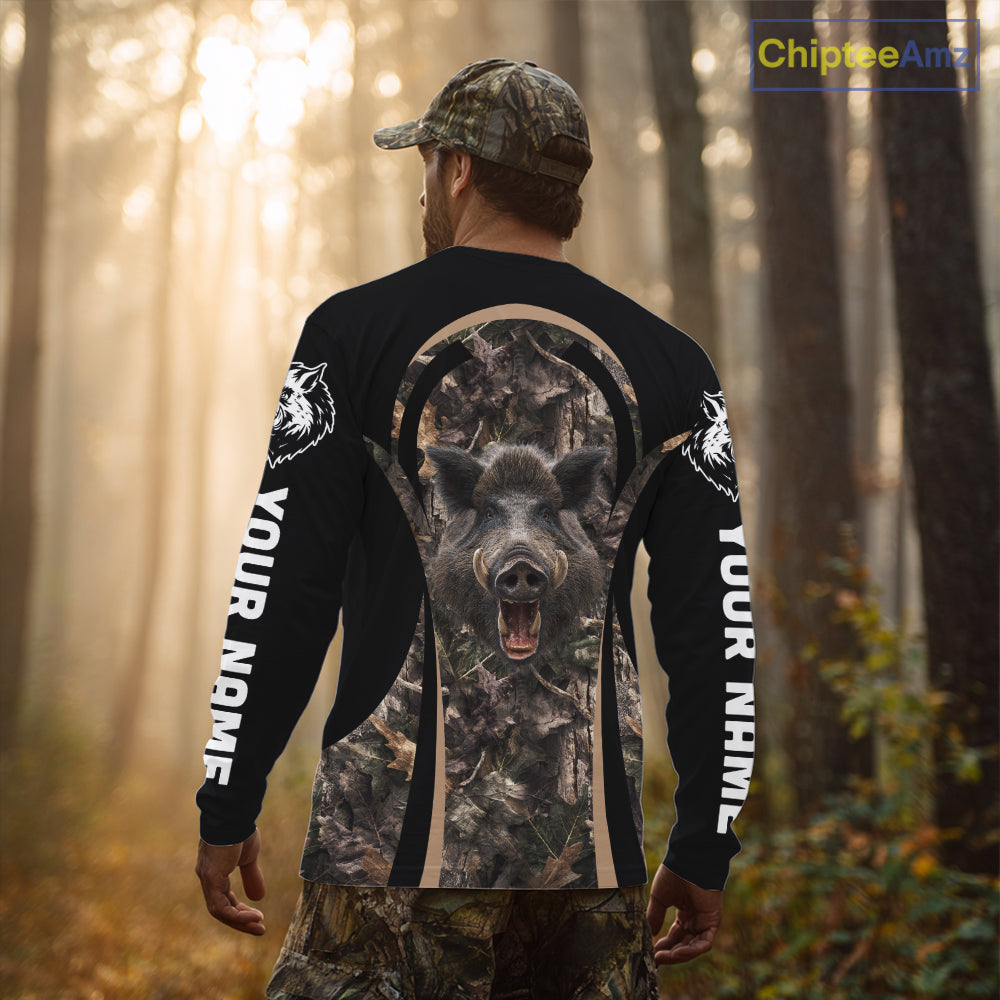Custom Wild Hog Hunting Black Camo Forest 3D Printed Shirts, Hunting Gifts for Boar Hunter NHT262