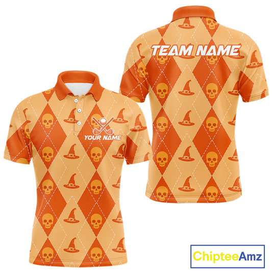 Front and back views of a short-sleeve polo shirt with an orange and beige argyle pattern featuring skull and witch hat motifs. The front has placeholder text 'YOUR NAME' and a crossed golf club graphic, while the back has 'TEAM NAME'.