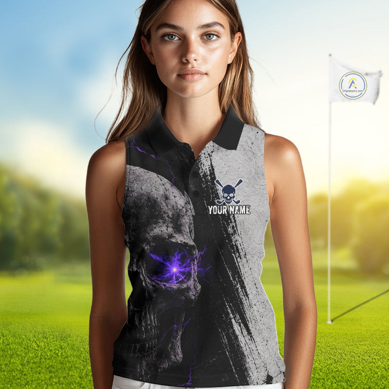 Personalized Skull Womens Sleeveless Golf Polo Shirt Purple Lightning Custom Team Name Golf Shirt