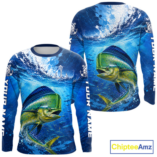 Mahi Mahi Fishing Jersey Ocean Blue 3D All Over Print Long Sleeve Performance Shirt