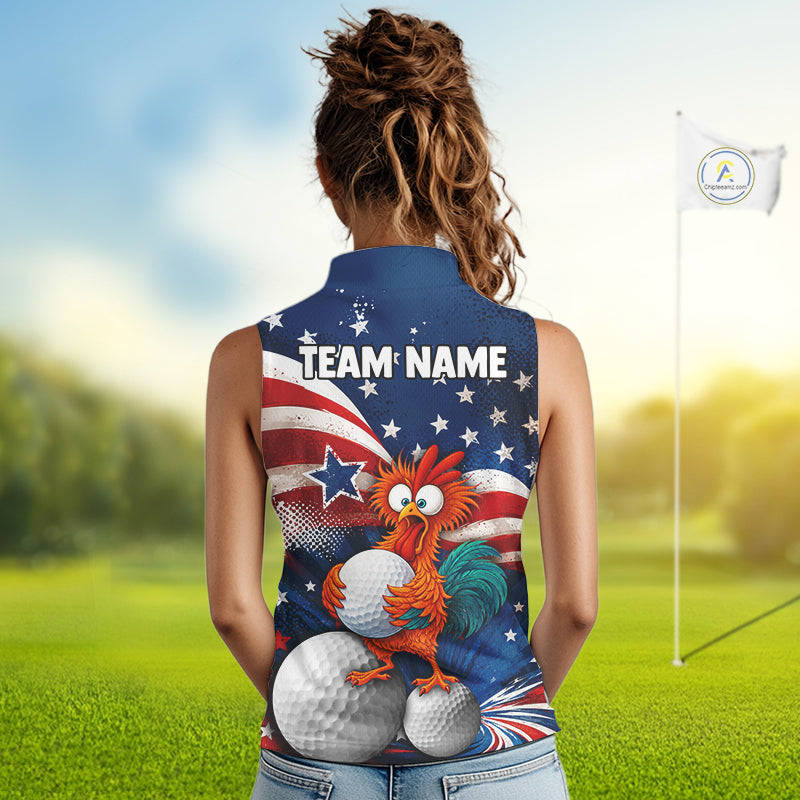A woman viewed from behind wearing a sleeveless collared golf shirt with a patriotic American flag design, featuring a cartoon rooster and golf balls, with 'TEAM NAME' printed on the back. The background shows a blurred golf course with a flagstick.