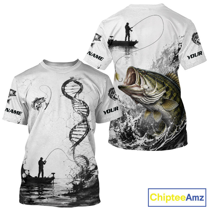 t-shirts with graphics of a fisherman, fish, and DNA strand on a white background. Brand 'ChipteeAmz' visible.