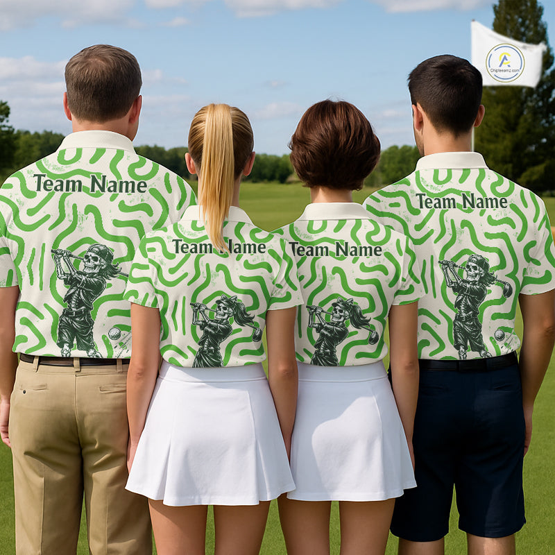 Personalized Funny Skeleton Mens Golf Polo Shirt Green Abstract Pattern Custom Golf Shirt For Team Name & Name NHT618