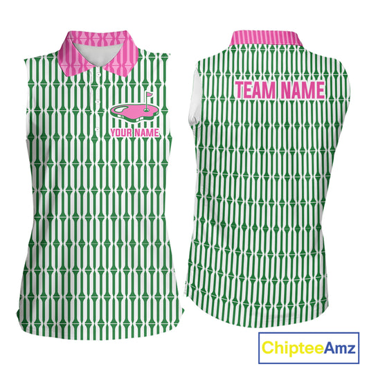 Funny Pink Green Geometric Womens Sleeveless Polo Golf Shirt, Retro Style Performance Golf Top For Family Team Shirt NHT692