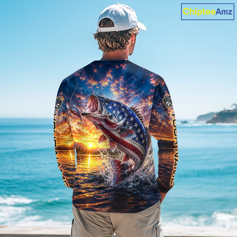 American Flag Bass Fishing Jersey – Patriotic Sunset Lake Angler Long Sleeve For Men