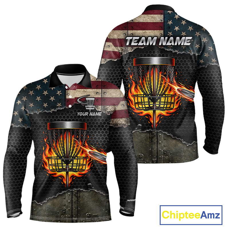 Mens disc golf polo shirt with USA flag design, custom name and number, athletic fit.