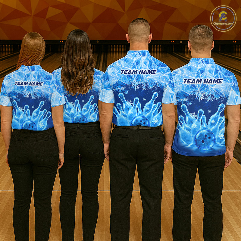 Blue Winter Bowling 1/4 Zip Polo Shirt Custom Name – Ice Bowling Ball Performance Jersey For Men NHT1341