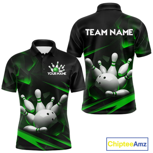 Personalized Bowling 1/4 Quarter Zip Polo Green Black Bowling Ball Jersey For Men NHT1344