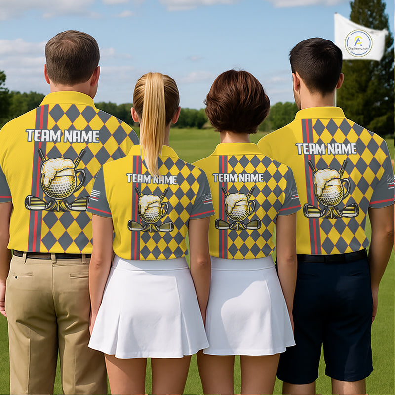 Personalized Mens Golf Polo Shirt Beer And Golf Ball Graphic Custom Team Name Golf Tournament|Yellow NHT1090