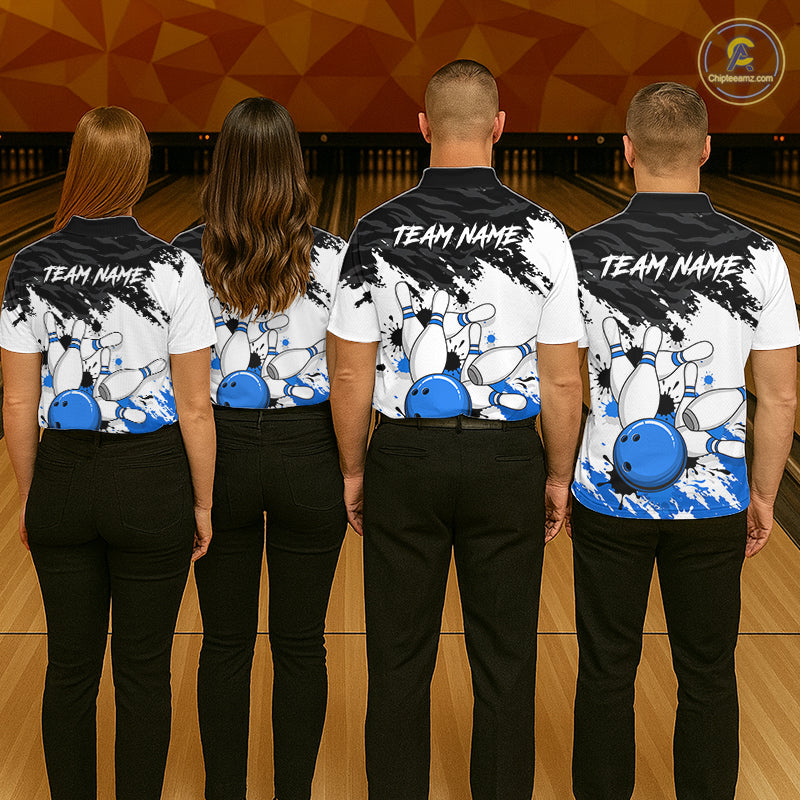 Bowling Shirt Custom Name Blue Black White Bowling Ball Personalized Team Jersey Gift For Women NHT1249