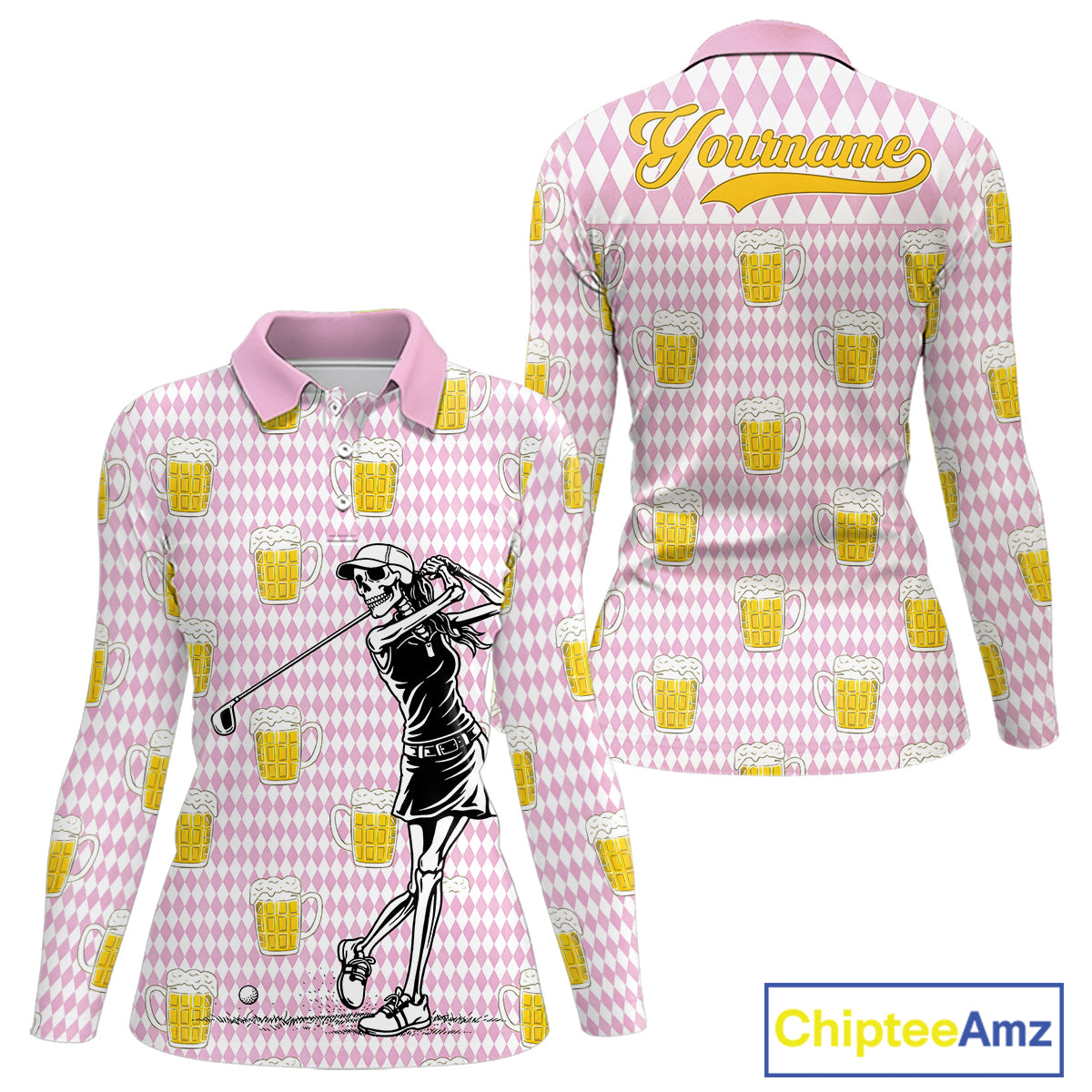 Funny Skull Golf Polo Shirts Beer Pink Argyle Pattern Custom Name Skull Playing Golf Apparel NBT631