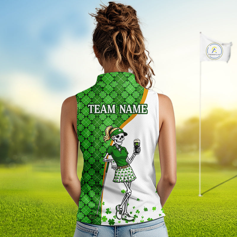 Person wearing a sleeveless shirt with a skeleton design and 'Team Name' text on a golf course.