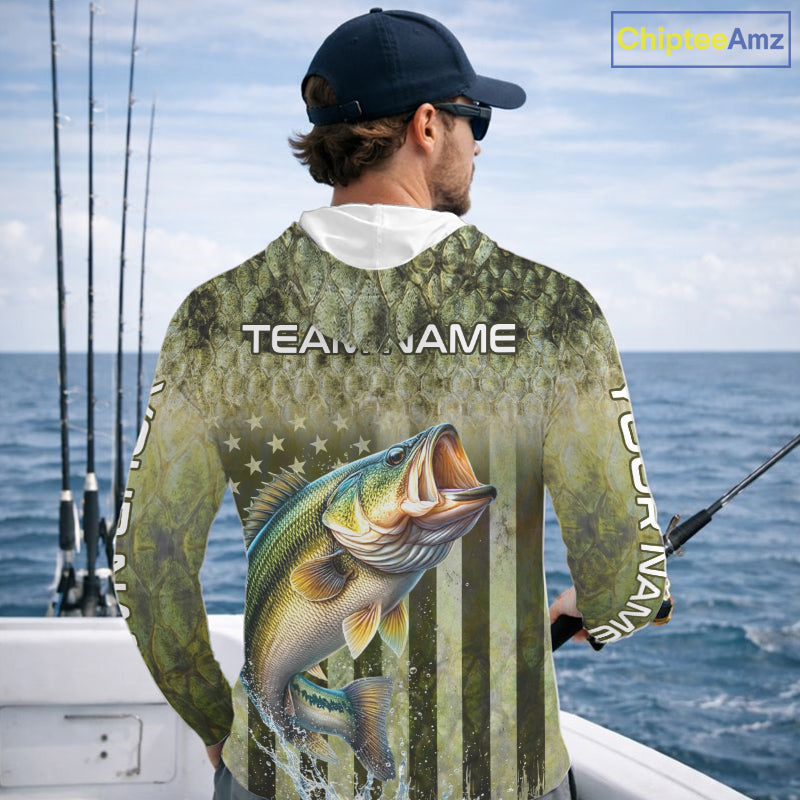 Custom Bass Fishing Shirt 3D Personalized Team Name Long Sleeve Hooded UV Protection Fishing Jersey For Men