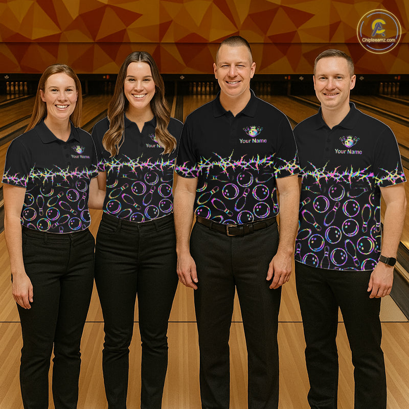 Personalized Bowling Shirt Black Neon Bowling Ball Custom Team Polo For Men NHT1269