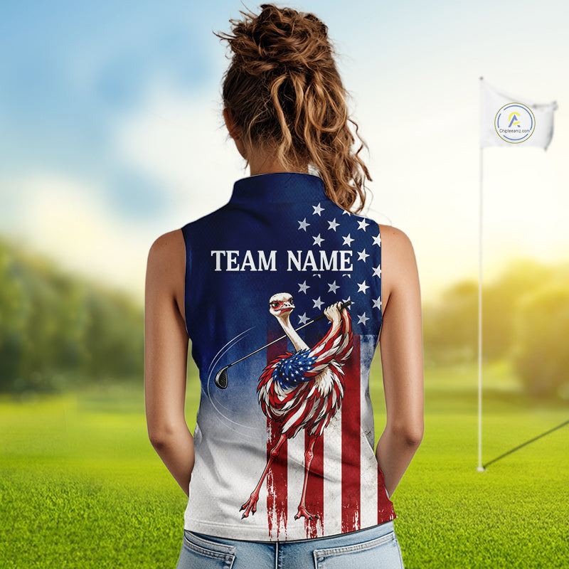 Person wearing a custom polo shirt with an American flag design and golf club, on a golf course background.