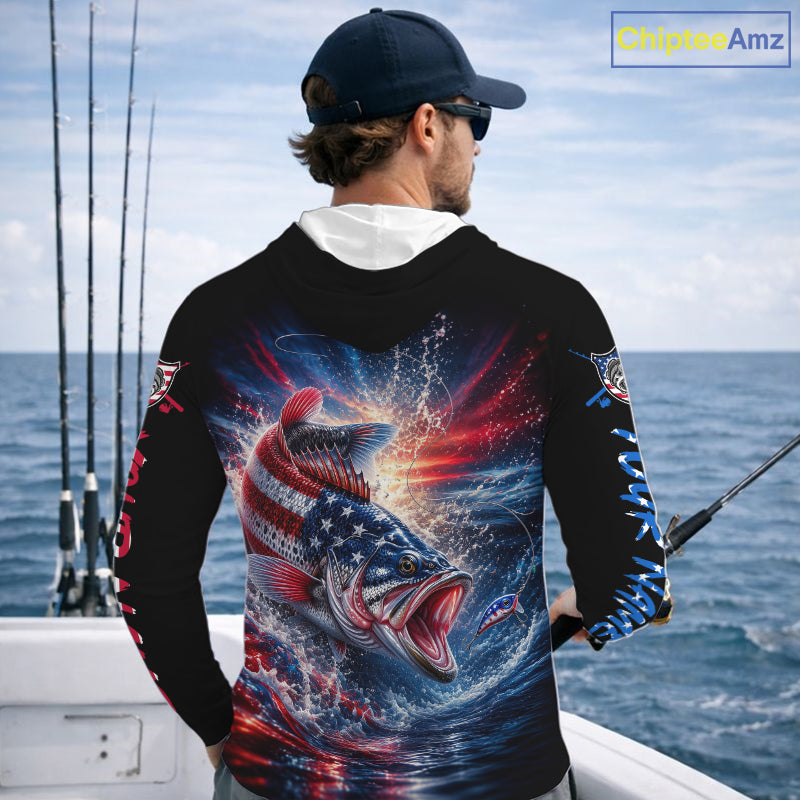 Patriotic Bass Fishing Long Sleeve Hooded Shirt – American Flag Design For Men
