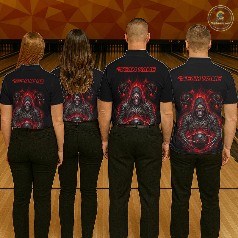 Personalized Women Bowling Jersey Custom Name Team Name Grim Reaper Skull Bowling Polo Shirt Gift NHT1316