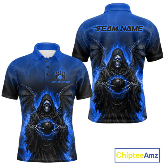 Blue and black short-sleeve polo shirt with a grim reaper graphic, shown in front and back views. The shirt features a hooded skeleton holding a glowing orb surrounded by blue flames, with customizable text placeholders 'TEAM NAME' and 'YOUR NAME'.