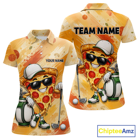 Funny Pizza Women Golf Polo Shirt Custom Name, Personalized Pizza Golfer Team Polo NHT1339