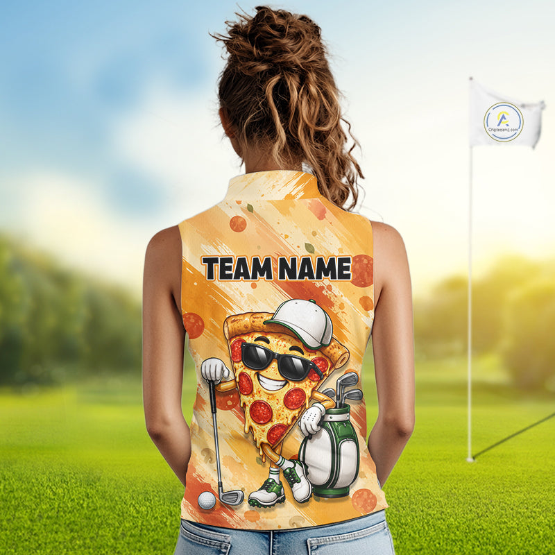 Funny Pizza Women Sleeveless Golf Polo Shirt Custom Name, Personalized Pizza Golfer Team Polo NHT1339