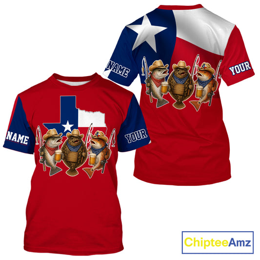 Funny Cowboy Trout, Flounder, Redfish Texas Flag Fishing T-Shirt Apparel|Red NHT1030