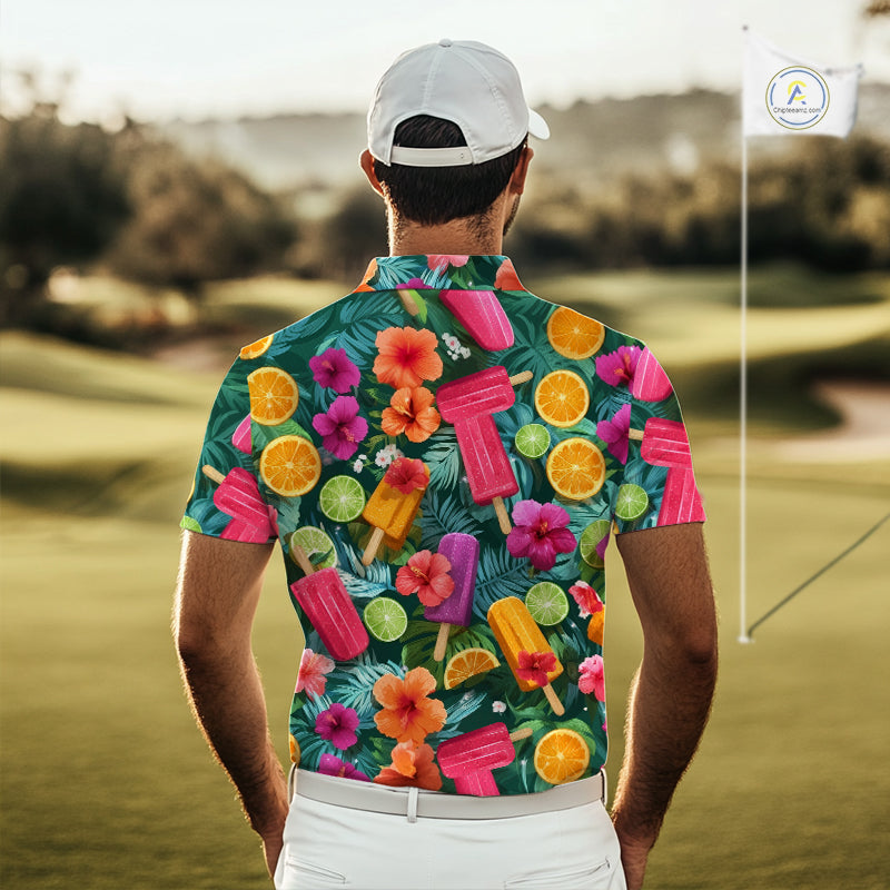 Golf Polo Shirt Tropical Popsicle Paradise Pattern Tropical Leaves Custom Name, Men's Golf Shirt NHT539
