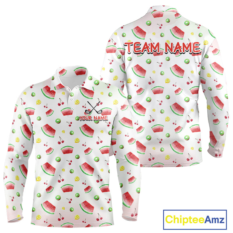 Funny Watermelon Pattern Mens Polo Shirt, Long Sleeve Golf Polo Shirt Custom Watermelon Pattern Team Golf Top NHT757