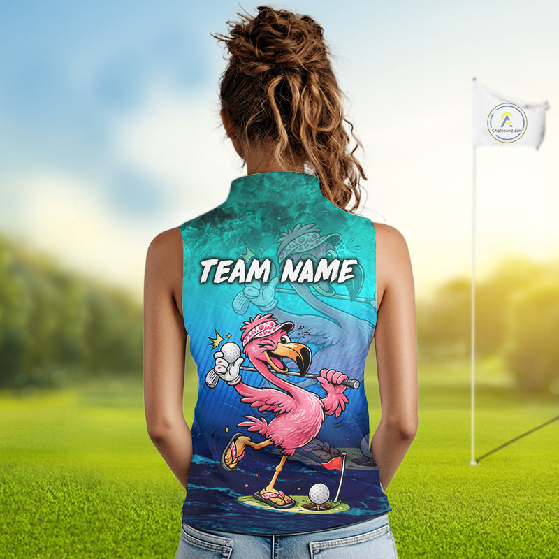Personalized Flamingo Womens Sleeveless Golf Polo Shirt Custom Name And Team Teal Blue Funny Ocean Tropical Golf Outfit NHT1235