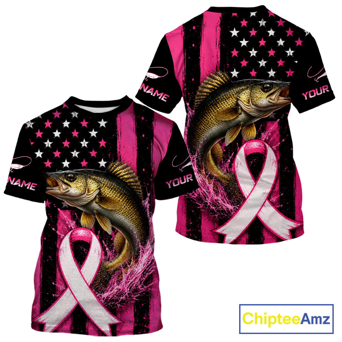 Front and back views of a short-sleeve graphic T-shirt on a white background. The shirt features a large realistic fish over a pink-and-black American flag design with white stars, a pink awareness ribbon, and placeholder text on the sleeves.