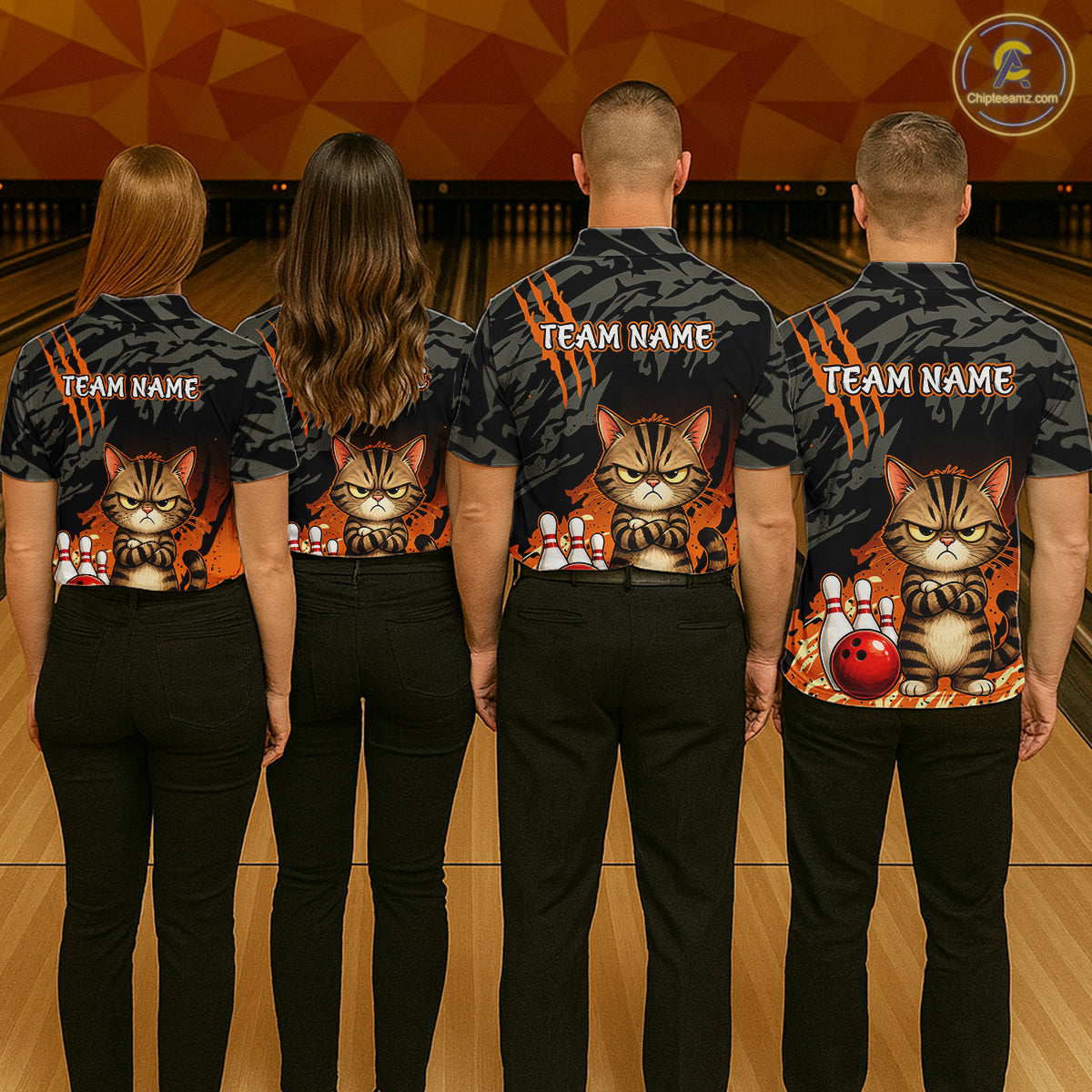 Funny Cat Bowling Shirt Custom Name Black Camo Orange Personalized Team Jersey For Men NHT1265
