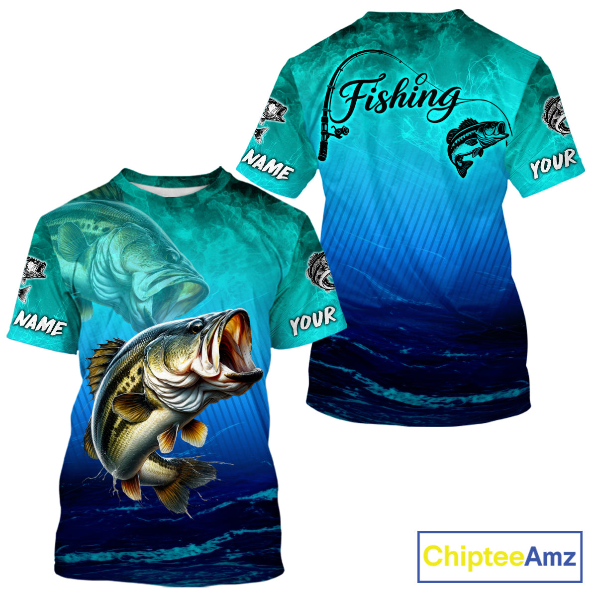 Custom 2 Name Teal Blue Bass Fishing Jersey - Personalized 3D Fishing T - Shirt
