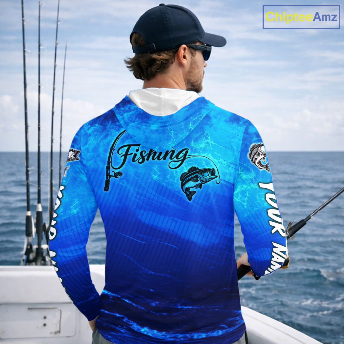 Custom Name Royal Blue Bass Fishing Jersey - Personalized 3D Long Sleeve Hooded Fishing Shirt For Men