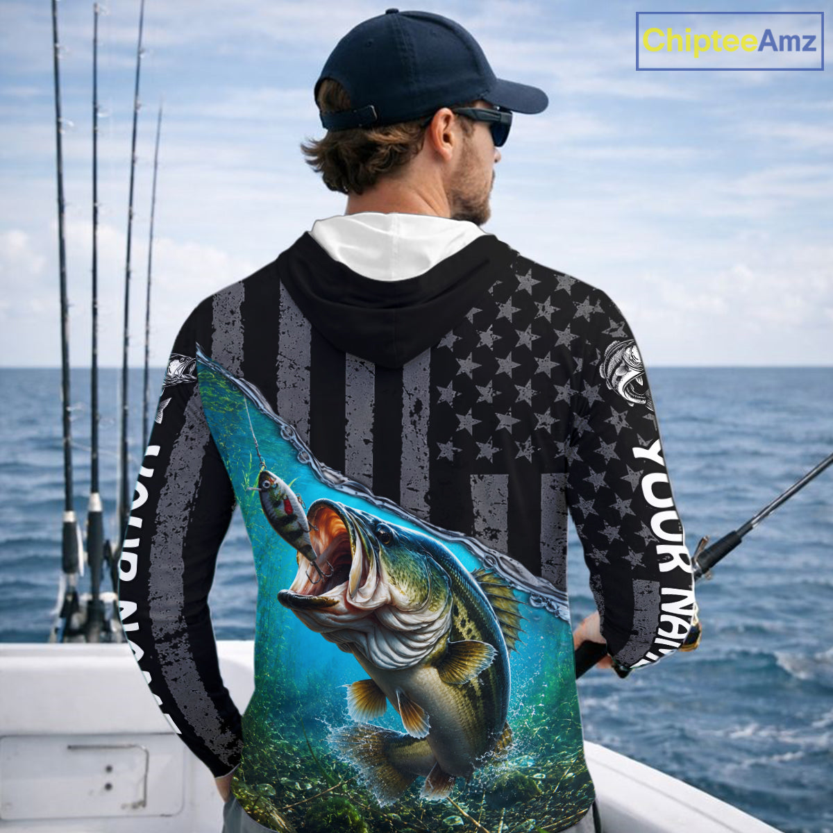 Gray Blue Bass Custom Long Sleeve Hooded Fishing Shirt, American Flag Patriotic Bass Fishing Jerseys NHT973