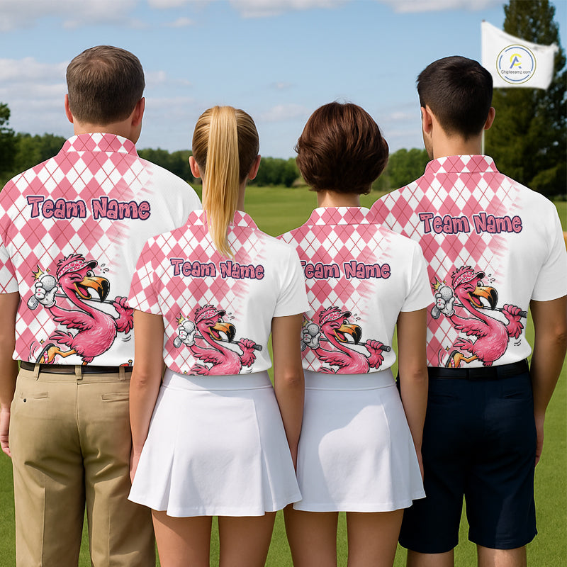 Funny Pink Flamingo Argyle Pink Pattern Golf Polo Shirt Custom Golf Shirts For Men NHT650