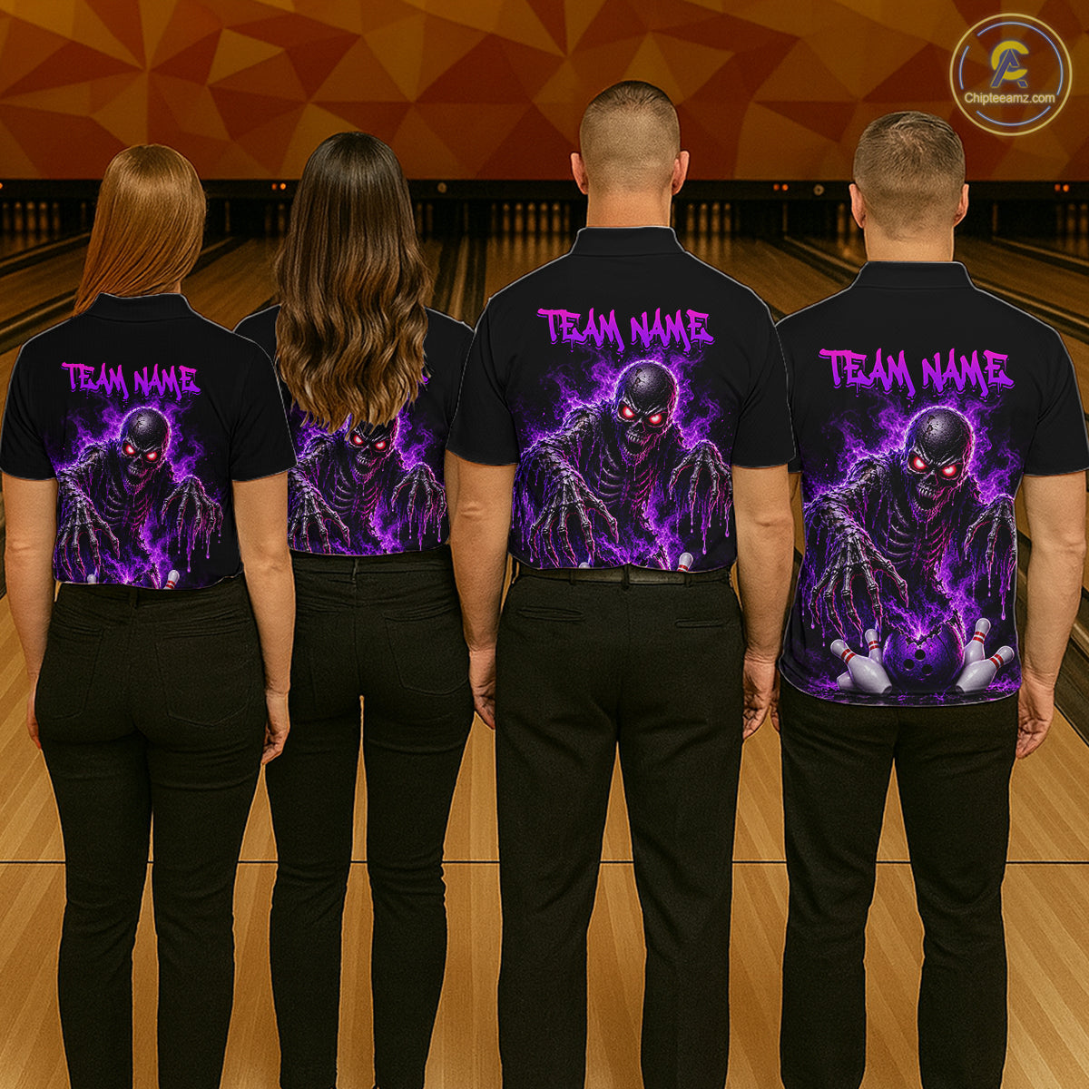 Personalized Women Bowling Jersey Custom Name Team Name Purple Skeleton Bowling Polo Shirt Tournament Gift NHT1317