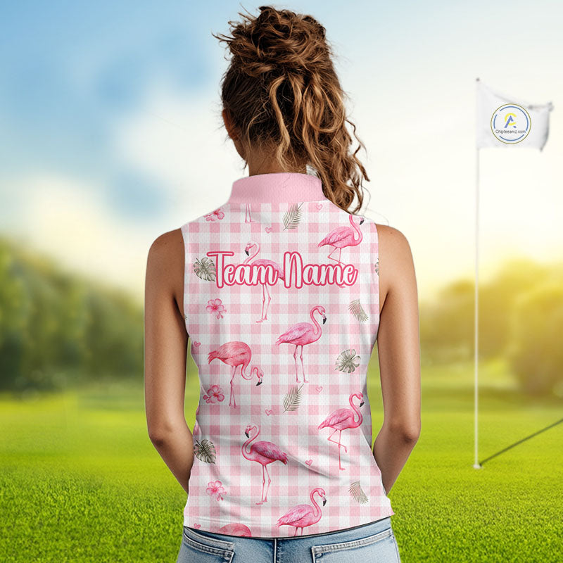 Personalized Flamingo Polo Shirt Pink Plaid Custom Name Team Shirt Womens Sleeveless Flamingo Golf Polo Gift NHT1216